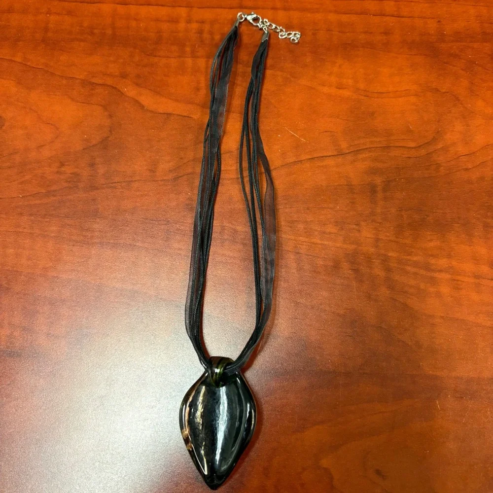 Art Glass Teardrop Pendant Necklace Green‎ Brown Swirl Boho Ribbon Cord